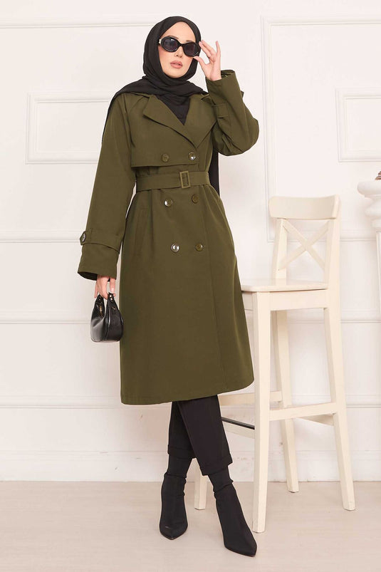 معطف ترنش حجاب قابل للإزالة مزود بحزام مع تفاصيل أزرار على الظهر - كاكي