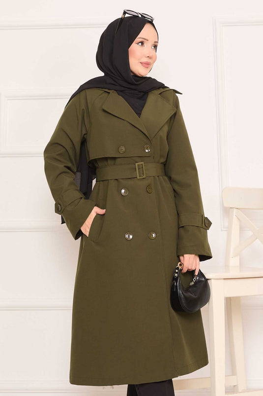 Trench-coat hijab amovible avec ceinture et détails boutonnés dans le dos, kaki