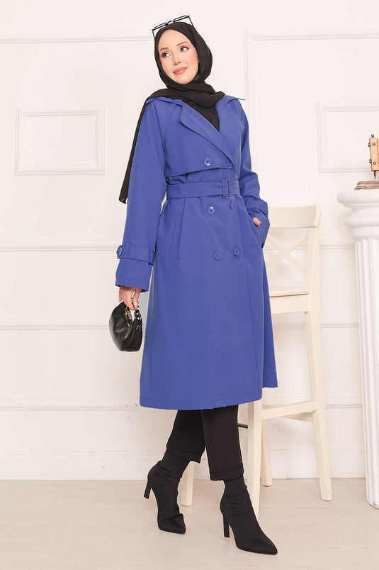 Trench-coat hijab indigo avec ceinture amovible et bouton au dos