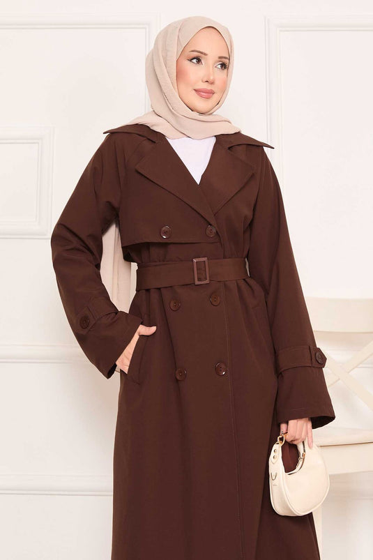Removable Belted Hijab Trench Coat with Button Detail on the Back, Brown