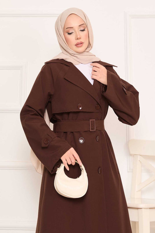 Removable Belted Hijab Trench Coat with Button Detail on the Back, Brown