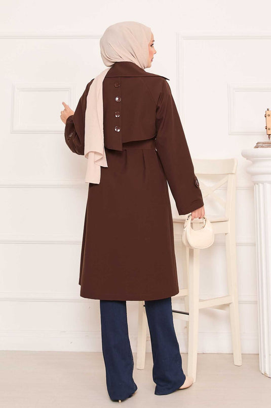 Removable Belted Hijab Trench Coat with Button Detail on the Back, Brown