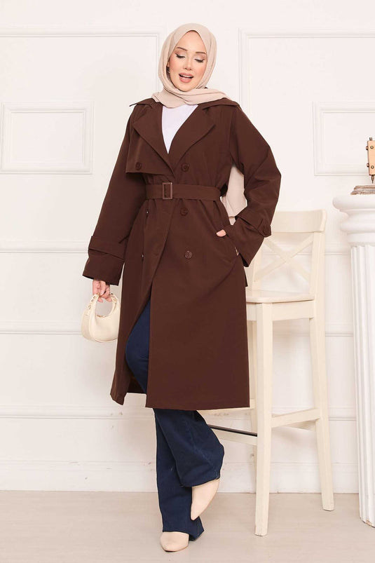 Removable Belted Hijab Trench Coat with Button Detail on the Back, Brown