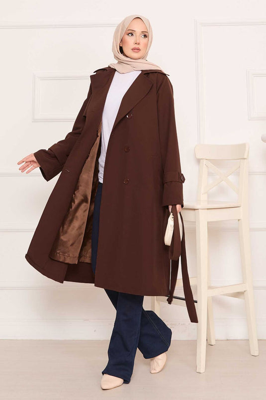 Removable Belted Hijab Trench Coat with Button Detail on the Back, Brown