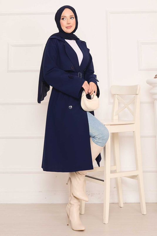 Trench-coat hijab avec ceinture amovible et bouton au dos, bleu marine