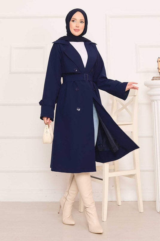 Trench-coat hijab avec ceinture amovible et bouton au dos, bleu marine