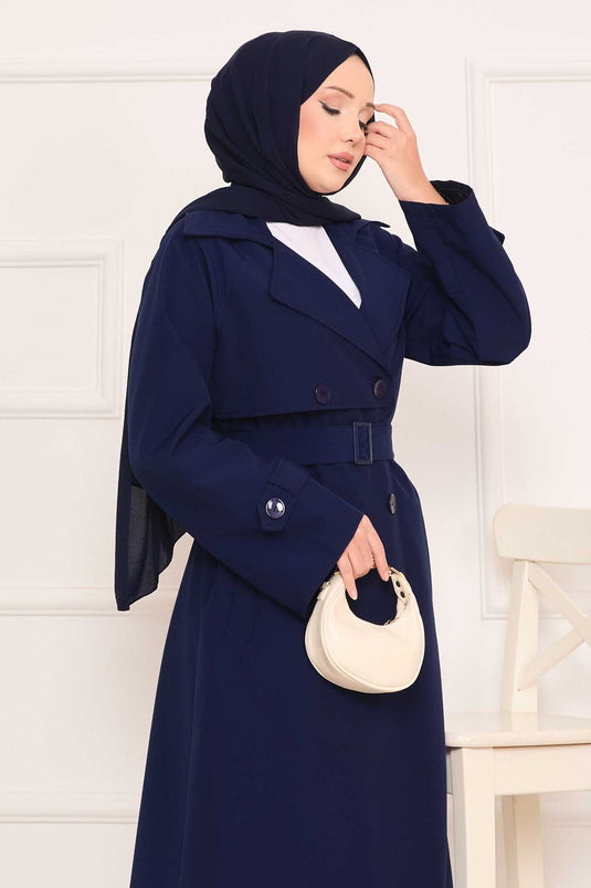 Trench-coat hijab avec ceinture amovible et bouton au dos, bleu marine