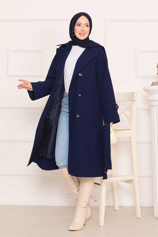 Trench-coat hijab avec ceinture amovible et bouton au dos, bleu marine