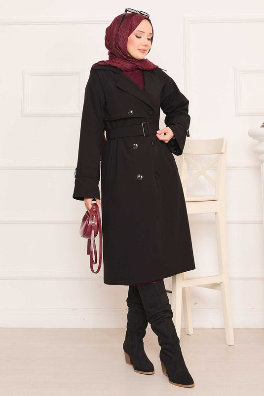 Trench-coat hijab noir avec ceinture amovible et bouton au dos