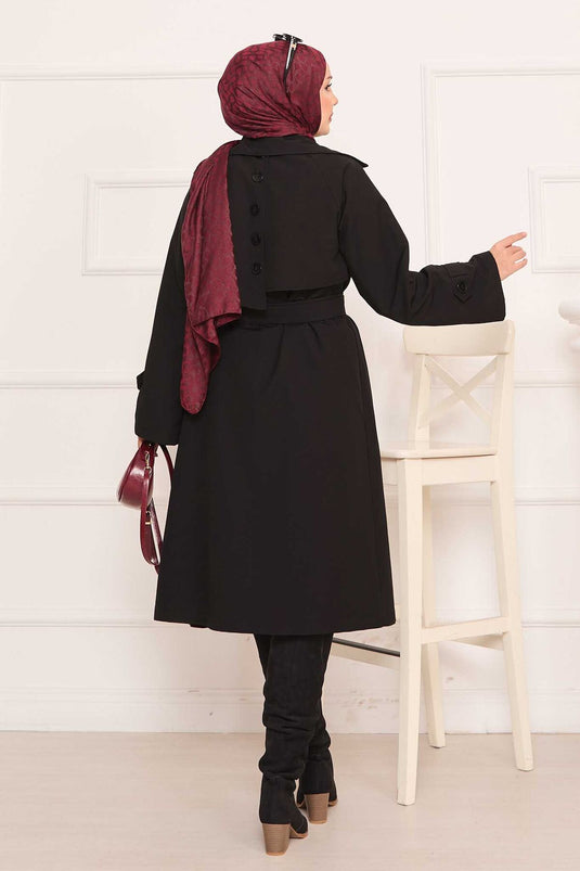 Trench-coat hijab noir avec ceinture amovible et bouton au dos