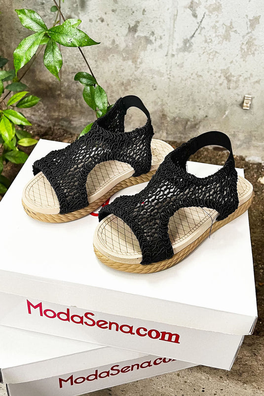 Elastic Back Straw Sandals Black