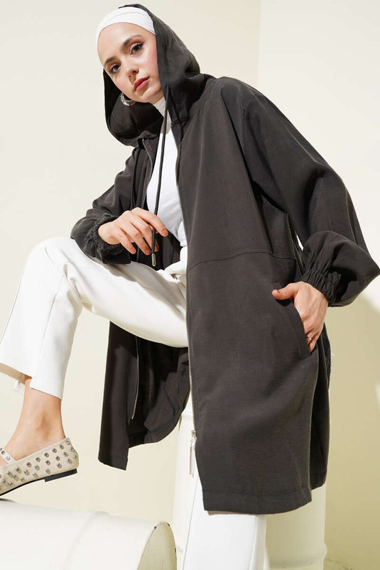 Embroidered Stoned Hooded Cape Anthracite