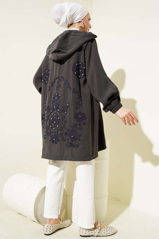 Embroidered Stoned Hooded Cape Anthracite