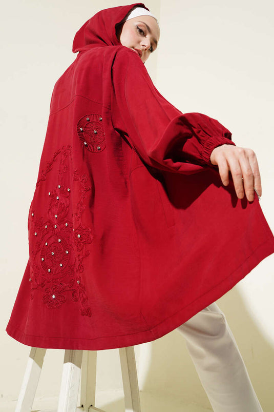 Embroidered Stoned Hooded Cape Claret Red