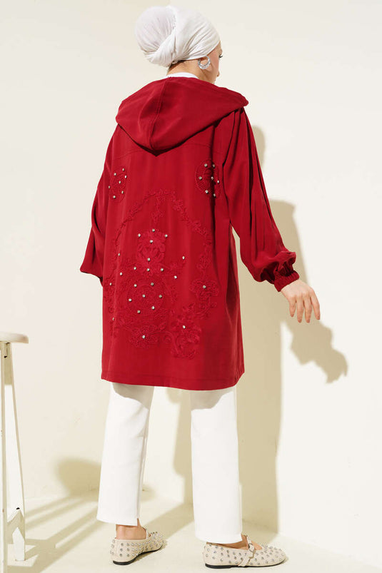 Embroidered Stoned Hooded Cape Claret Red