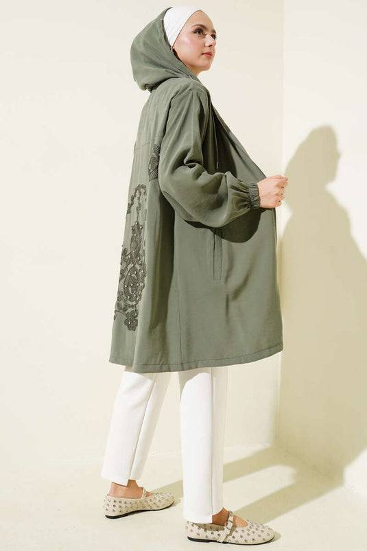 Embroidered Stoned Hooded Cape Khaki