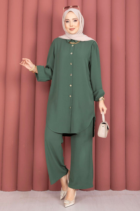 Ensemble Tesettür boutonné sur toute la longueur avec plis au dos, kaki