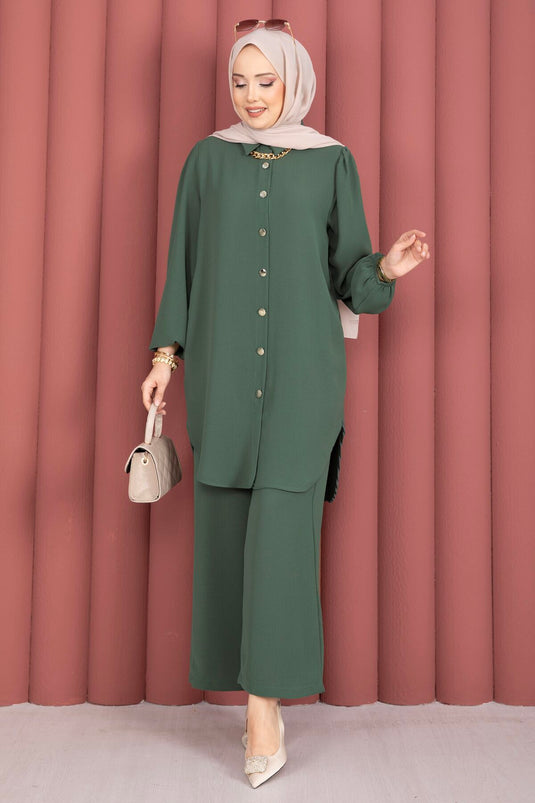 Ensemble Tesettür boutonné sur toute la longueur avec plis au dos, kaki