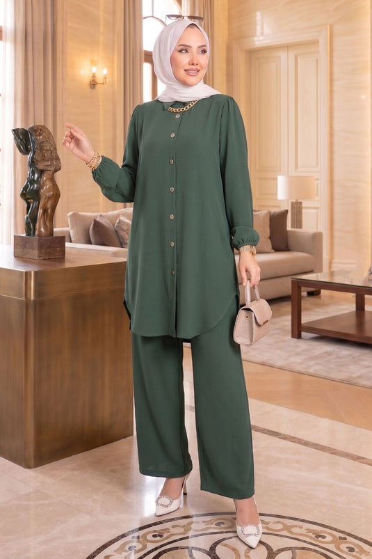 Ensemble Tesettür boutonné sur toute la longueur avec plis au dos, kaki