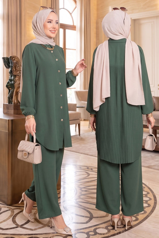 Ensemble Tesettür boutonné sur toute la longueur avec plis au dos, kaki