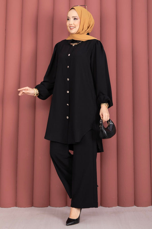 Ensemble Tesettür à Boutons sur Toute la Longueur avec Plis au Dos Noir
