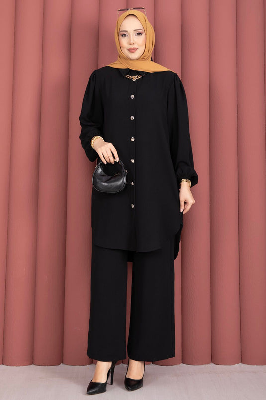 Ensemble Tesettür à Boutons sur Toute la Longueur avec Plis au Dos Noir