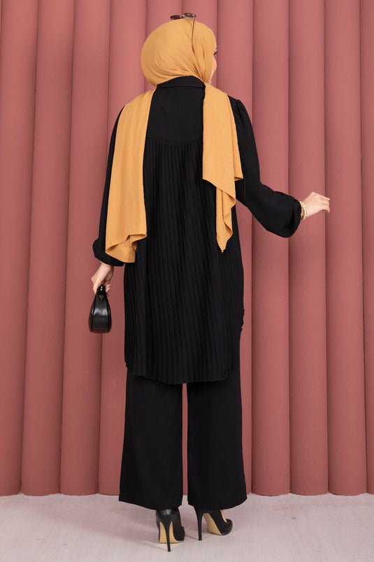 Ensemble Tesettür à Boutons sur Toute la Longueur avec Plis au Dos Noir