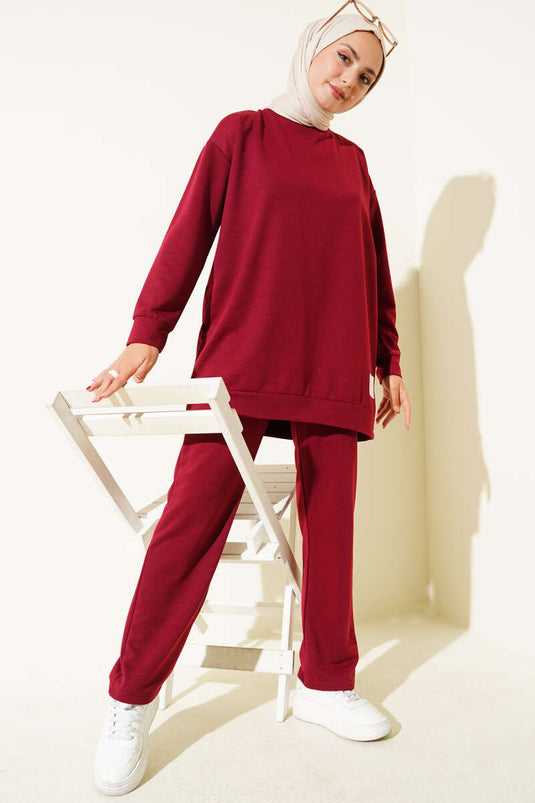 Basic Two-Piece Set with Emblem Detailing - Burgundy