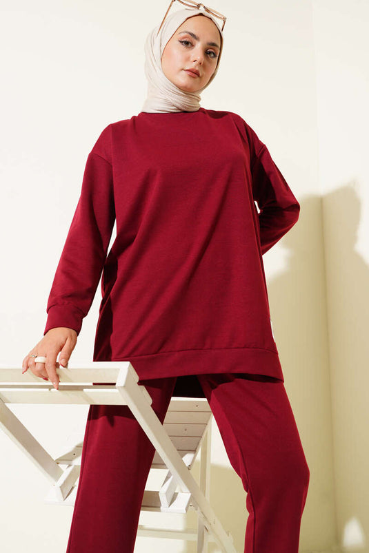 Basic Two-Piece Set with Emblem Detailing - Burgundy