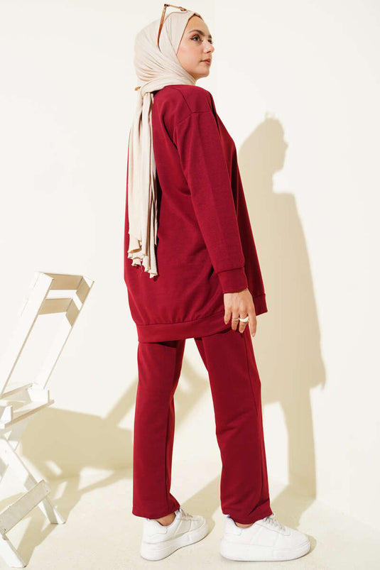 Basic Two-Piece Set with Emblem Detailing - Burgundy