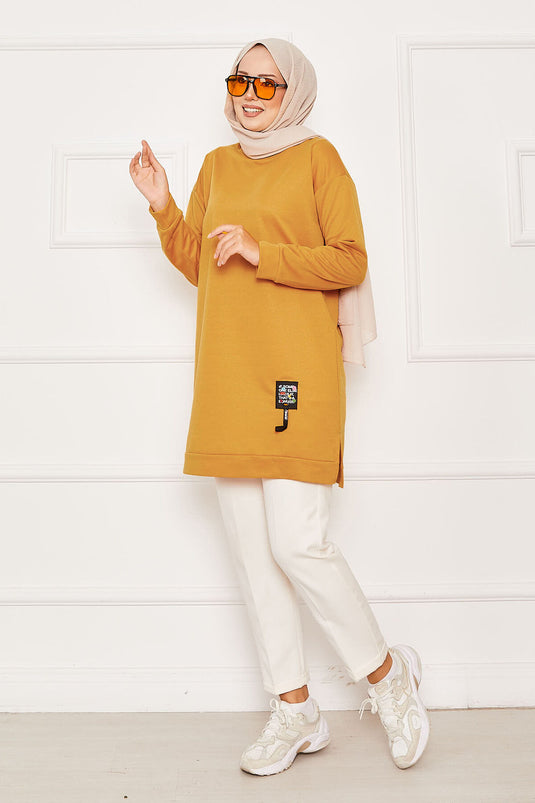 Arma Detaylı Bisiklet Yaka Sweat Tunik Hardal