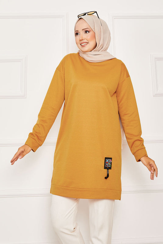 Arma Detaylı Bisiklet Yaka Sweat Tunik Hardal
