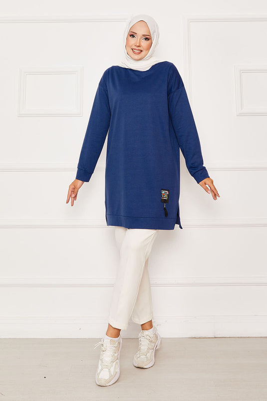 Emblem Detailed Crew Neck Sweat Tunic Indigo