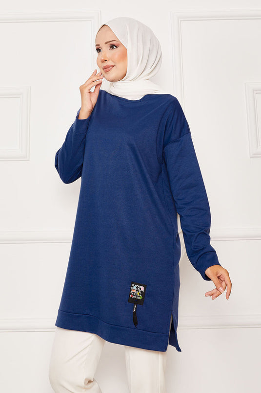 Emblem Detailed Crew Neck Sweat Tunic Indigo