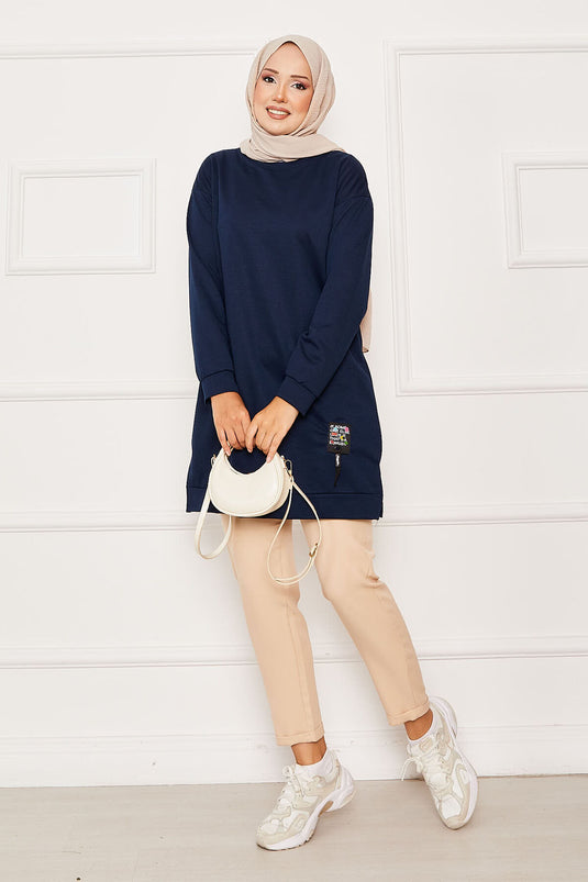 Emblem Detailed Crew Neck Sweat Tunic Navy Blue