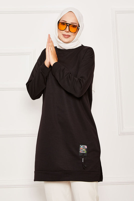 Emblem Detailed Crew Neck Sweat Tunic Black