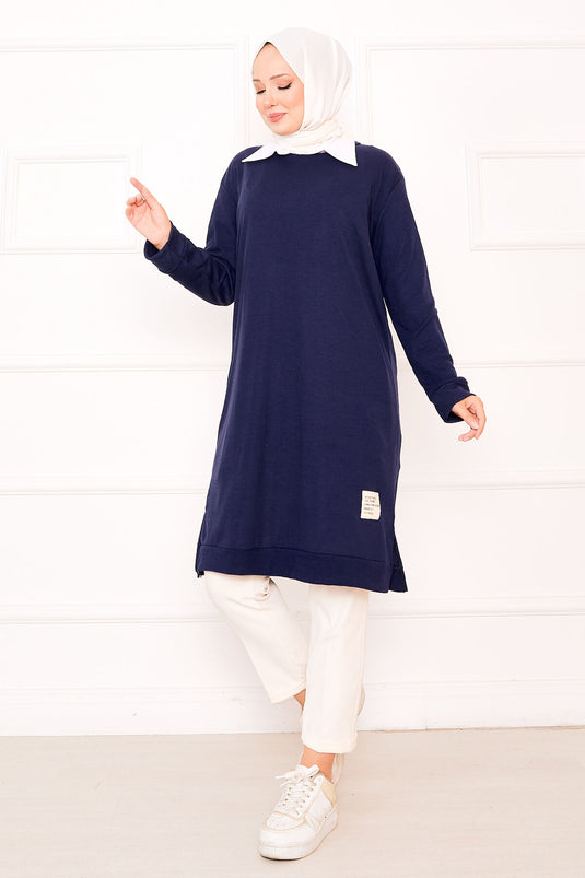 Emblem Detailed Ribbed Tunic Navy Blue