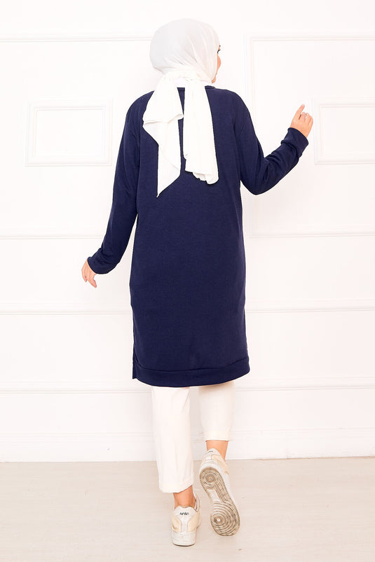 Emblem Detailed Ribbed Tunic Navy Blue