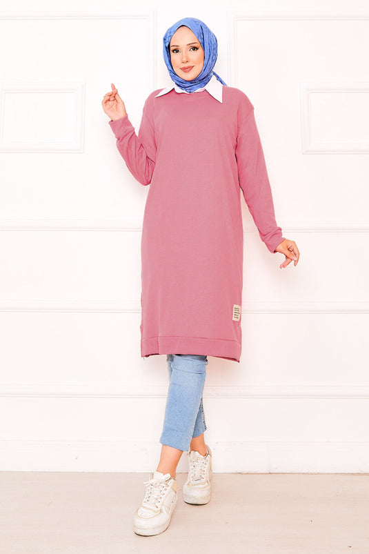 Emblem Detailed Ribbed Tunic Pink
