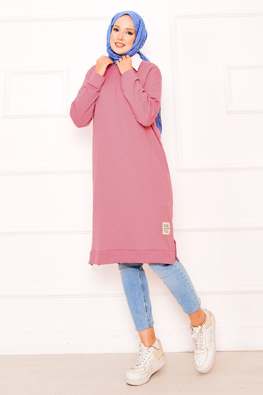 Emblem Detailed Ribbed Tunic Pink
