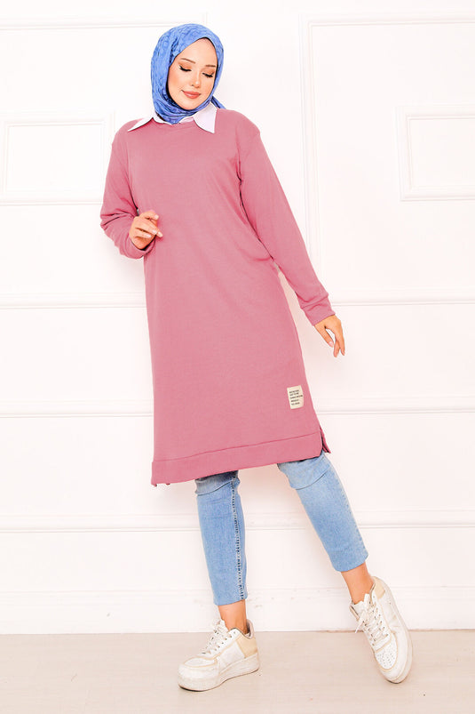 Emblem Detailed Ribbed Tunic Pink