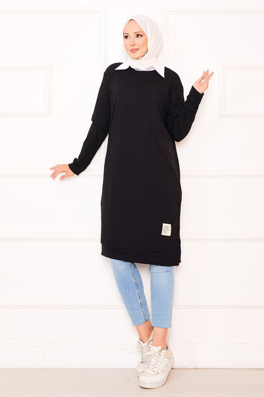 Emblem Detailed Ribbed Tunic Black