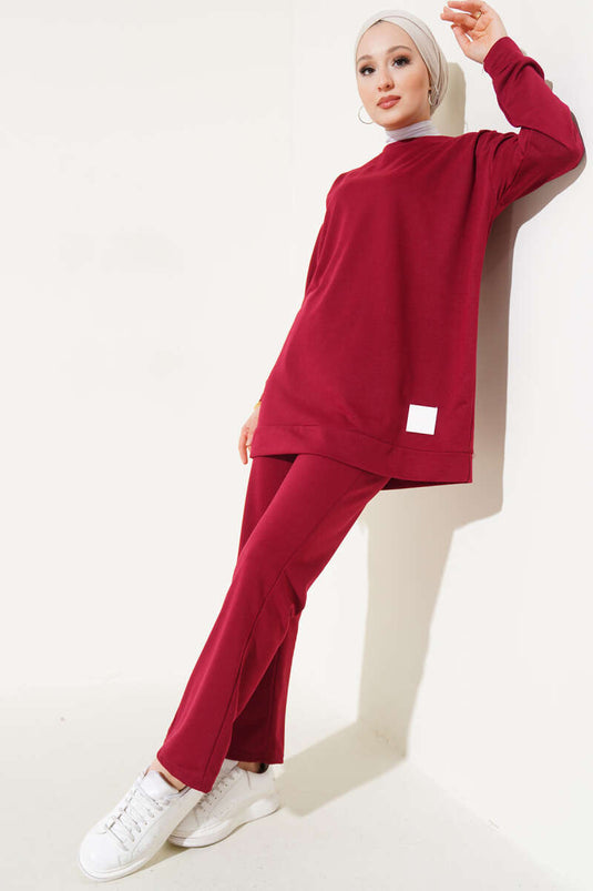 Two Piece Suit with Emblem Detail, Burgundy