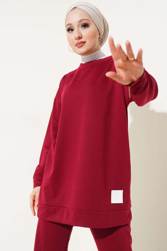 Two Piece Suit with Emblem Detail, Burgundy