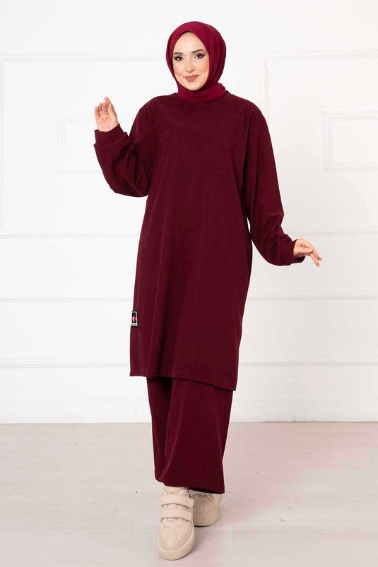 Detailed Arm Double Tunic Set Burgundy