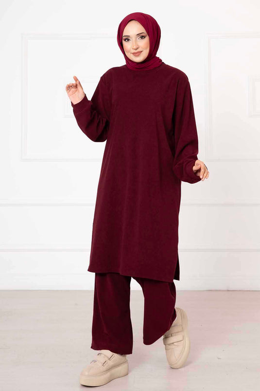 Detailed Arm Double Tunic Set Burgundy