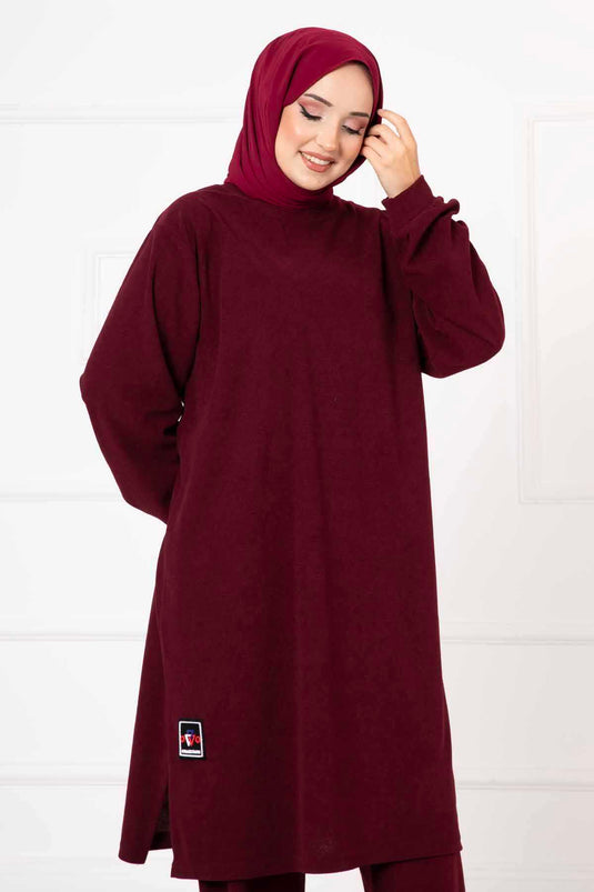 Detailed Arm Double Tunic Set Burgundy