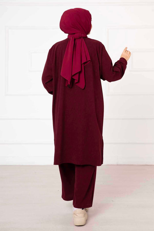 Detailed Arm Double Tunic Set Burgundy