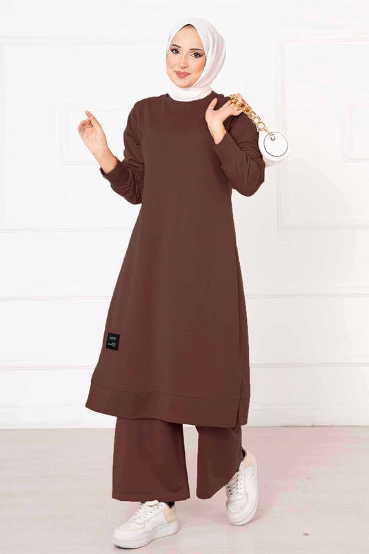 Arm Detailed Double Tunic Set Brown