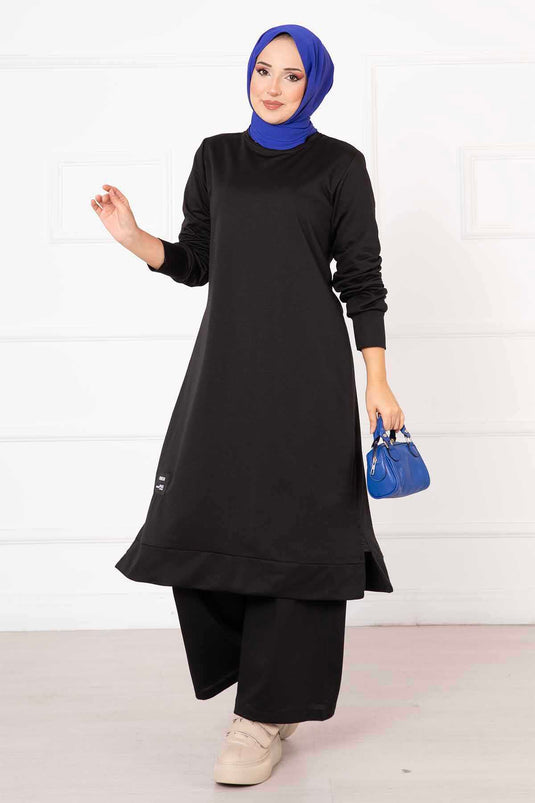 Arm Detailed Double Tunic Set Black